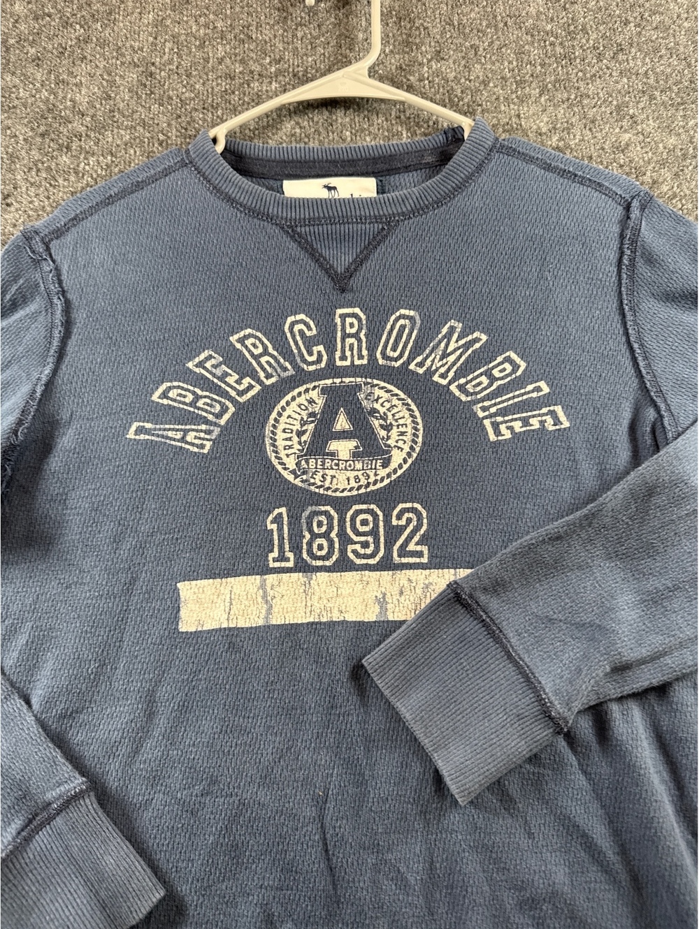 Abercrombie 1892 Sweatshirt Mens XL Blue Waffle Knit Spellout Pullover Crewneck